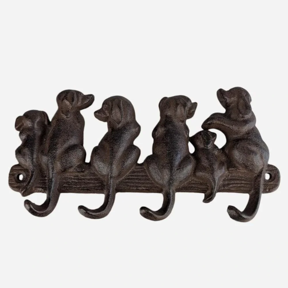 Antique Cast Iron Sitting Dogs 4-Hook Wall Rack 8